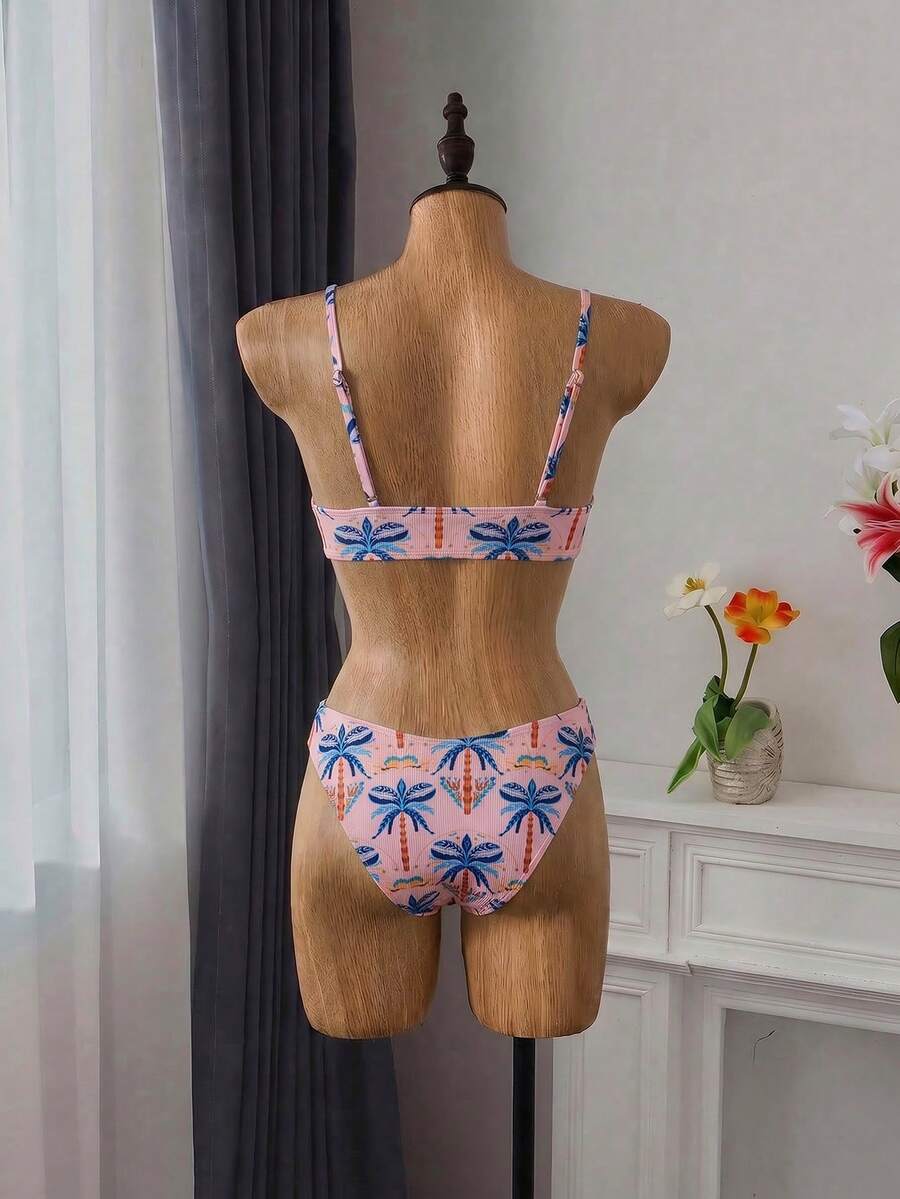 Apricot ribbed high waist two piece bikini swimsuit set for women featuring backless spaghetti strap top and high waisted bottoms.