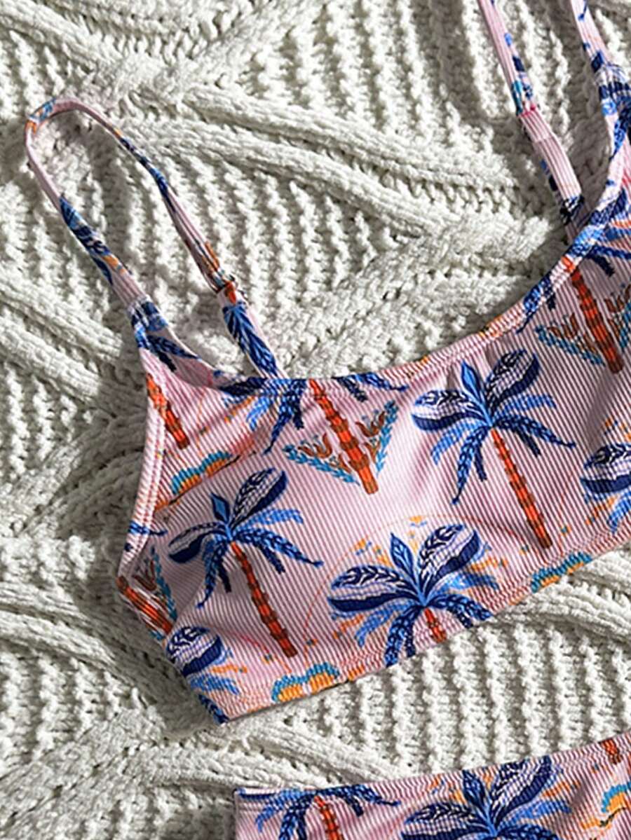 Apricot ribbed high waist two piece bikini swimsuit set for women featuring backless spaghetti strap top and high waisted bottoms.