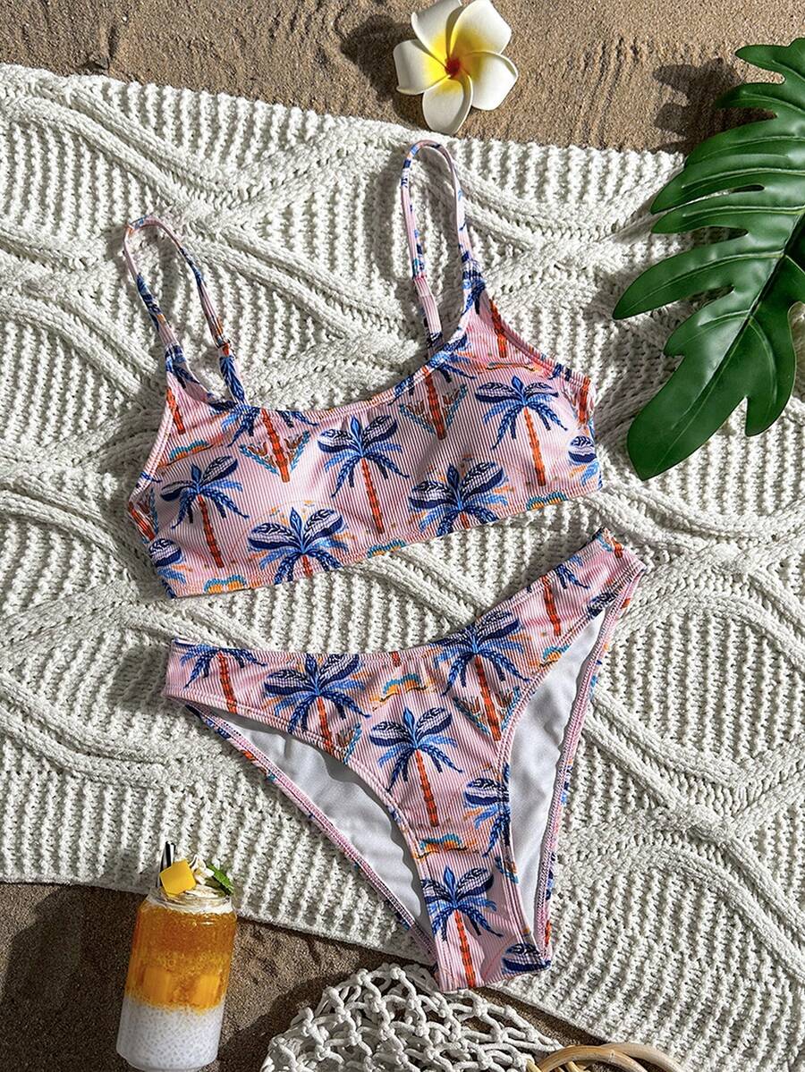 Apricot ribbed high waist two piece bikini swimsuit set for women featuring backless spaghetti strap top and high waisted bottoms.