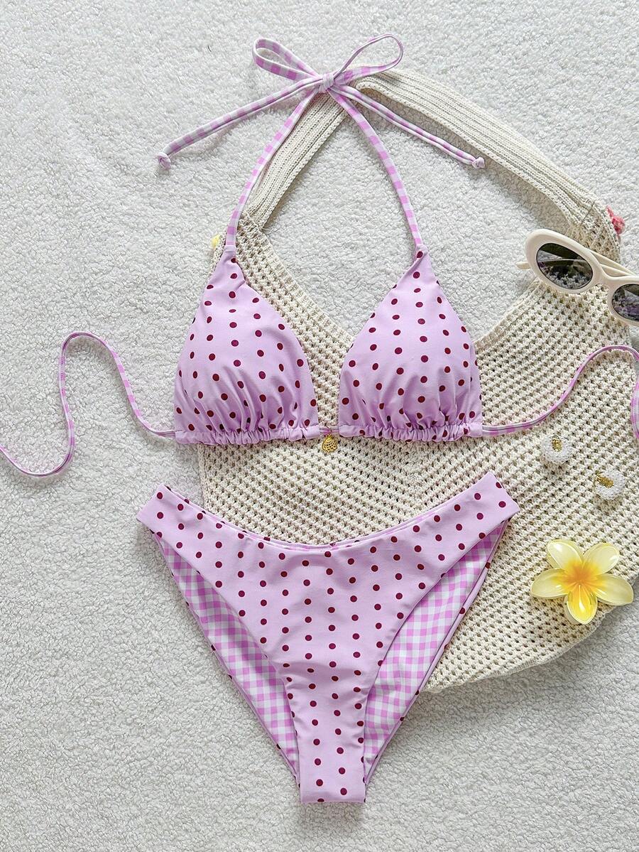 Women's black textured plaid 2-piece bikini set featuring a halter neckline, wireless triangle cups with removable padding, and mid-waist bottoms.