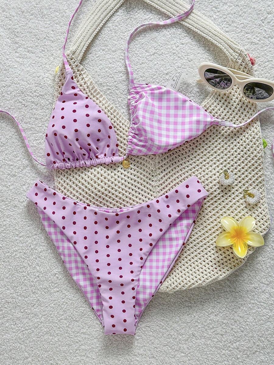Women's black textured plaid 2-piece bikini set featuring a halter neckline, wireless triangle cups with removable padding, and mid-waist bottoms.