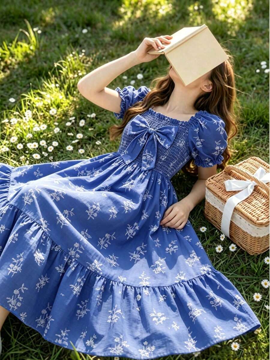 ChillGRL square neck short puff sleeve A-line long dress for teen girls featuring shirred high waist detailing and a flounce hem.