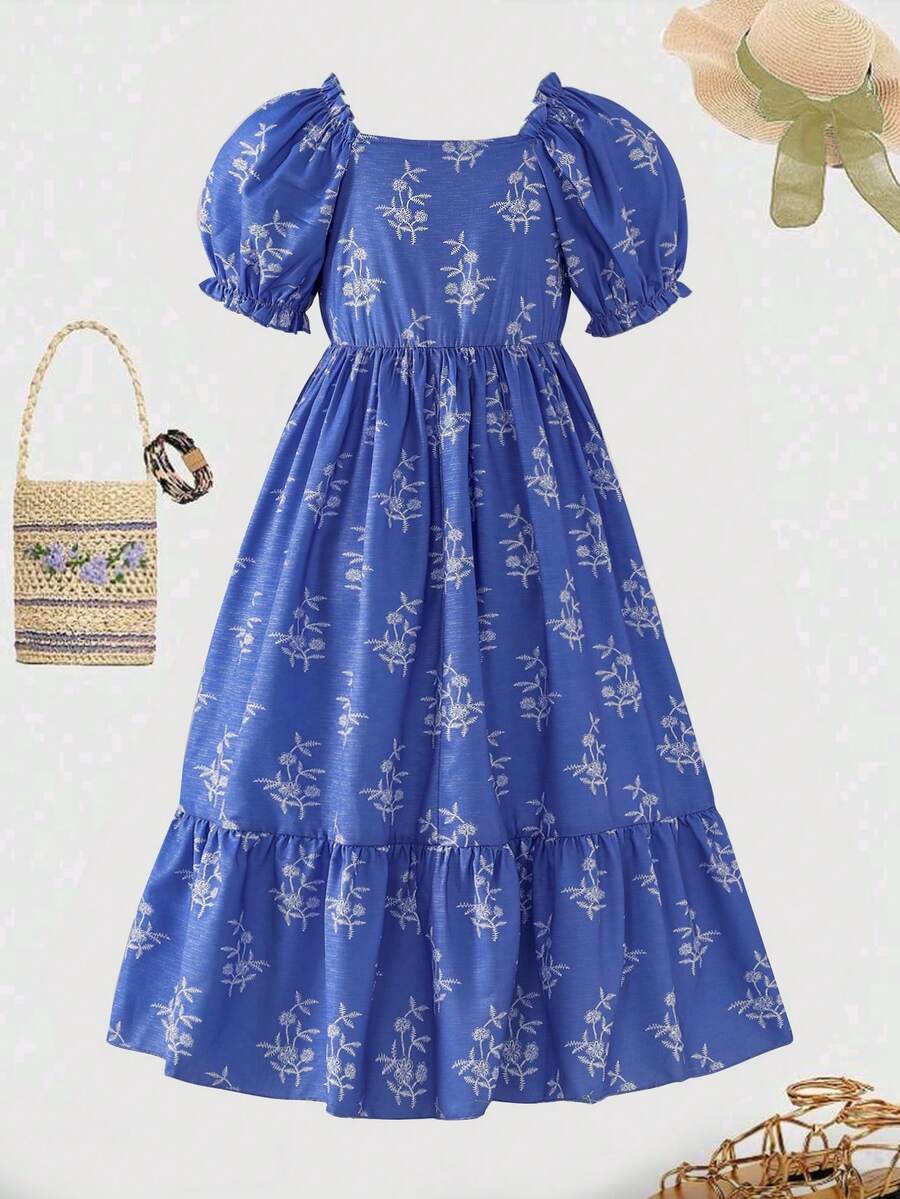 ChillGRL square neck short puff sleeve A-line long dress for teen girls featuring shirred high waist detailing and a flounce hem.