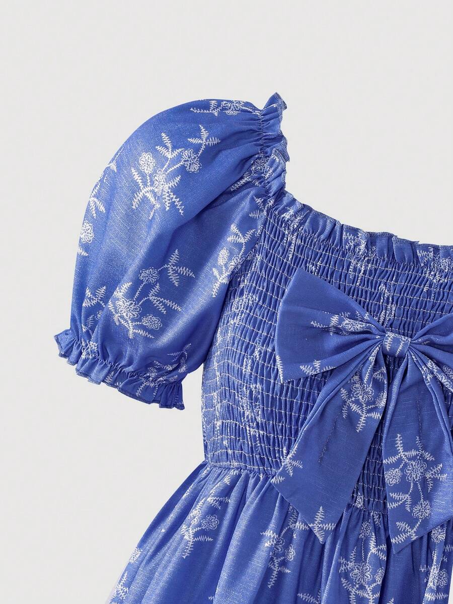 ChillGRL square neck short puff sleeve A-line long dress for teen girls featuring shirred high waist detailing and a flounce hem.