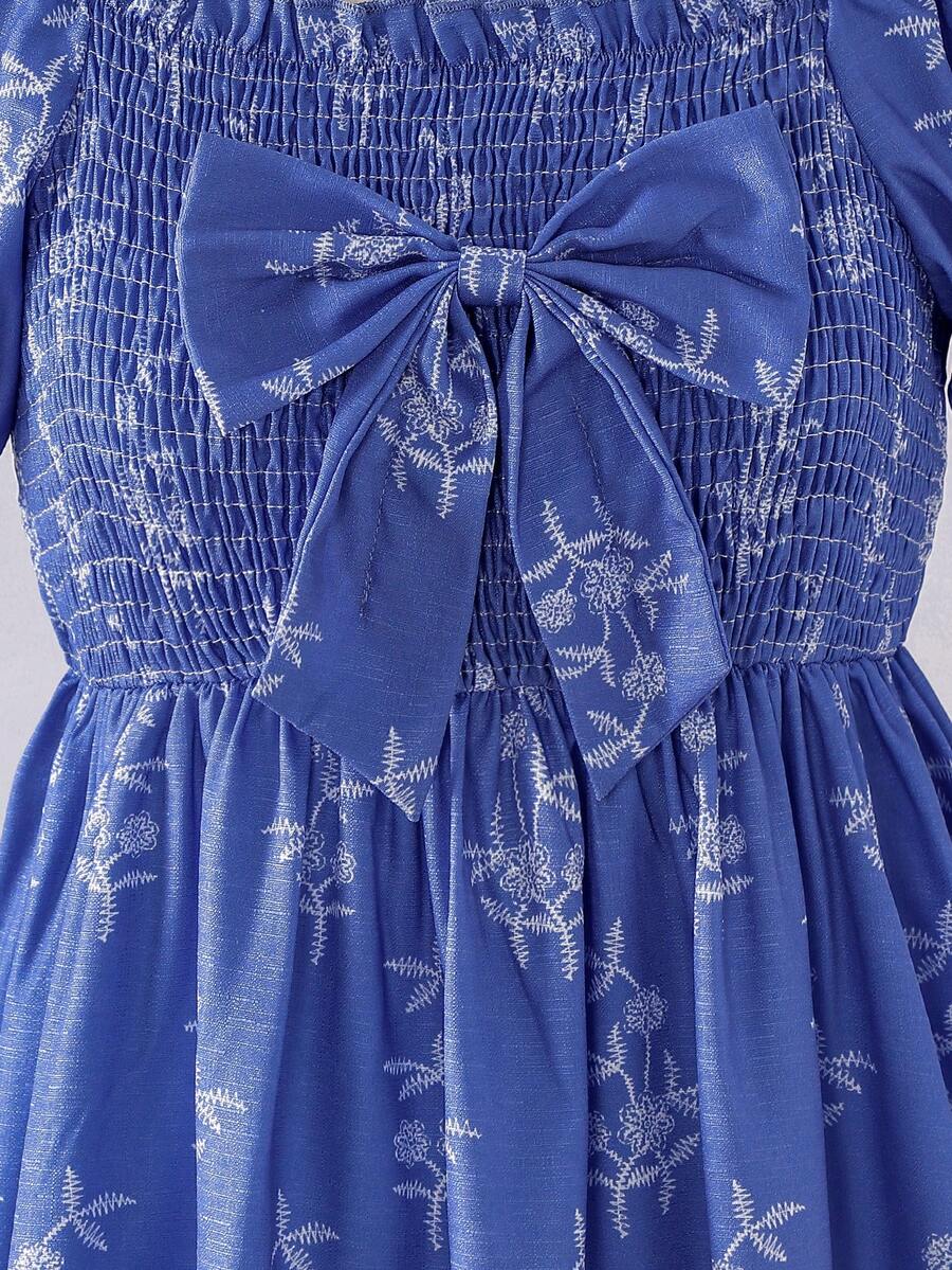 ChillGRL square neck short puff sleeve A-line long dress for teen girls featuring shirred high waist detailing and a flounce hem.