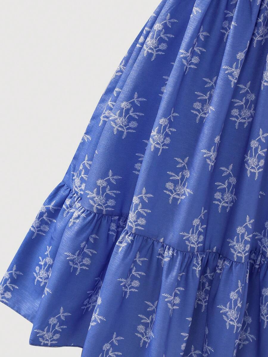 ChillGRL square neck short puff sleeve A-line long dress for teen girls featuring shirred high waist detailing and a flounce hem.