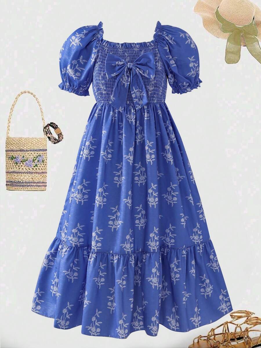 ChillGRL square neck short puff sleeve A-line long dress for teen girls featuring shirred high waist detailing and a flounce hem.