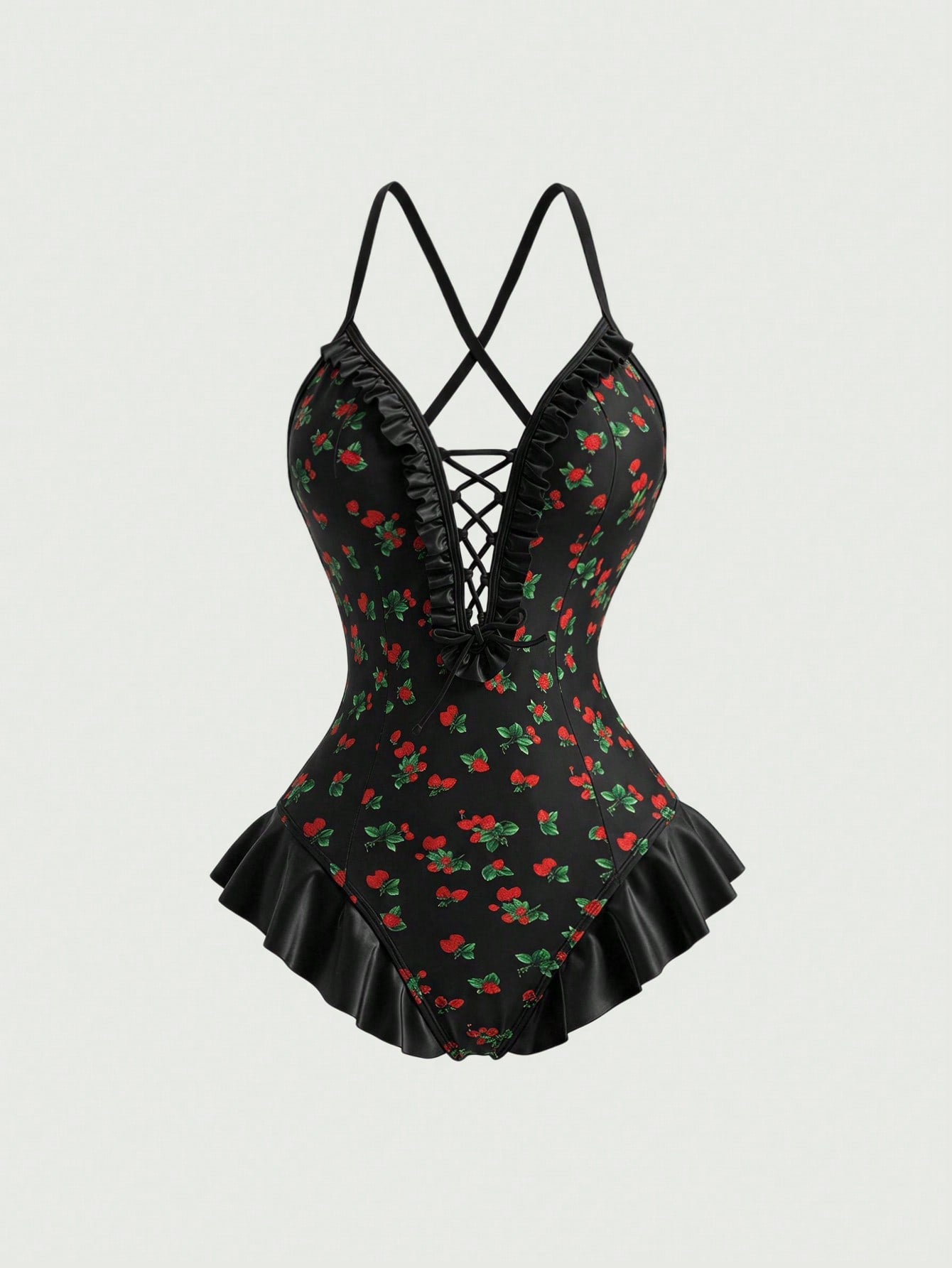 Women's strawberry print one-piece swimsuit featuring ruffle details, front-tie design, backless criss-cross straps, and triangle wireless cups.