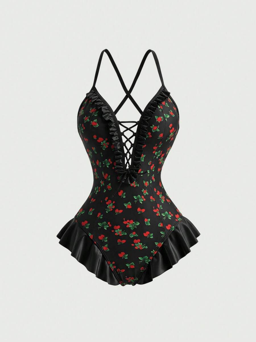 Women's strawberry print one-piece swimsuit featuring ruffle details, front-tie design, backless criss-cross straps, and triangle wireless cups.