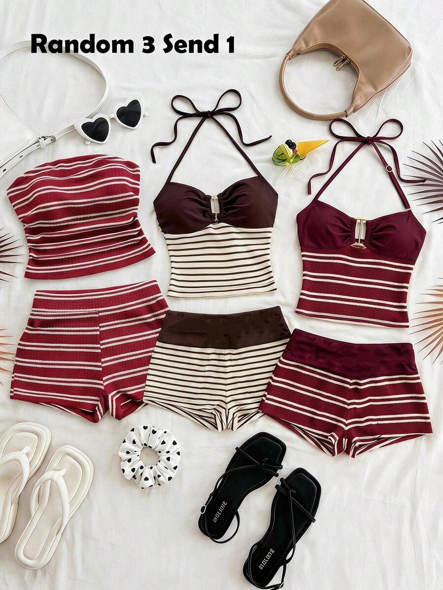 Black striped rib-knit halter tank top with lettuce trim and matching casual shorts for tween girls.