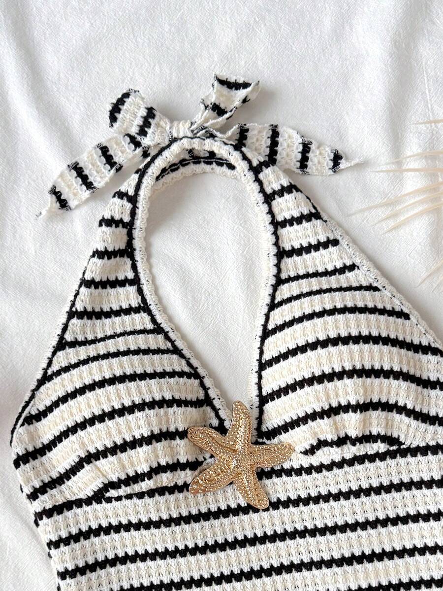 Tween girls apricot striped knit camisole halter top with bowknot and metal starfish decor paired with shorts outfit set.