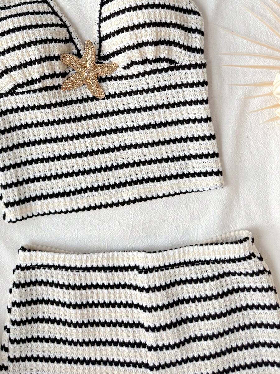 Tween girls apricot striped knit camisole halter top with bowknot and metal starfish decor paired with shorts outfit set.