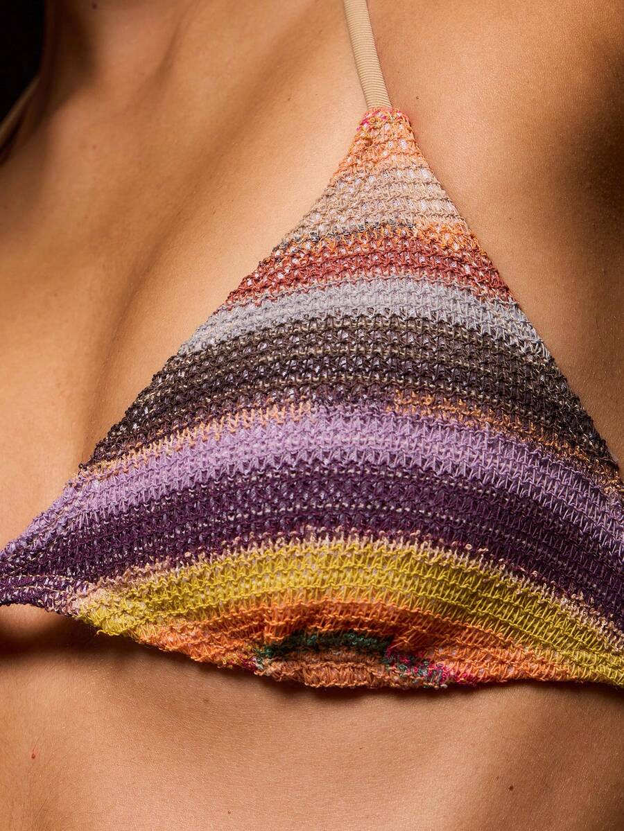 Multicolour shimmer triangle bikini top with spaghetti straps paired with matching low waist thong bikini bottoms.