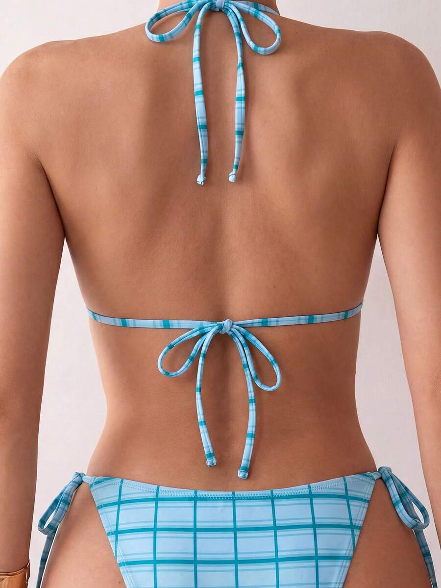 Women's apricot solid halter tie bikini top with triangle cups and matching tie-side swimsuit bottoms.