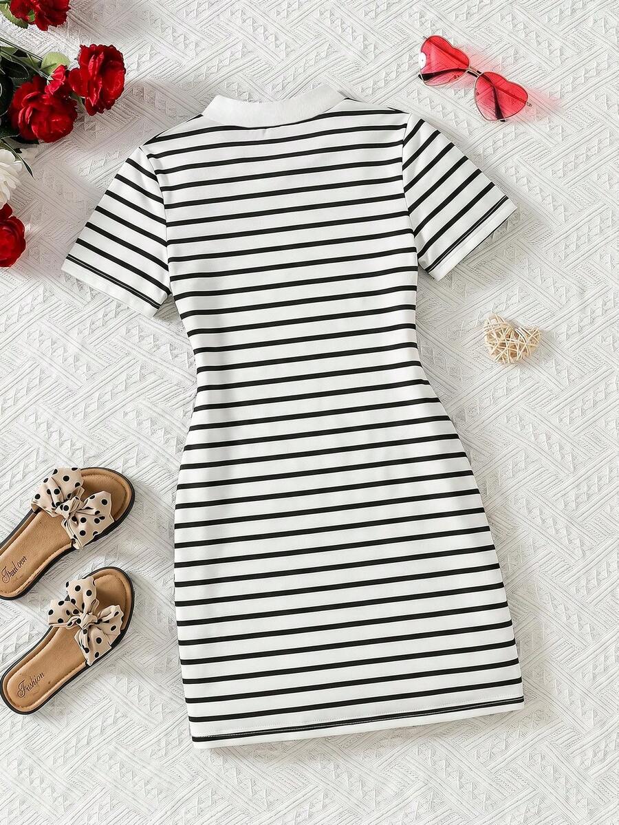 Girls black striped midi dress featuring short sleeves, round neck, slim fit, and flared hem.