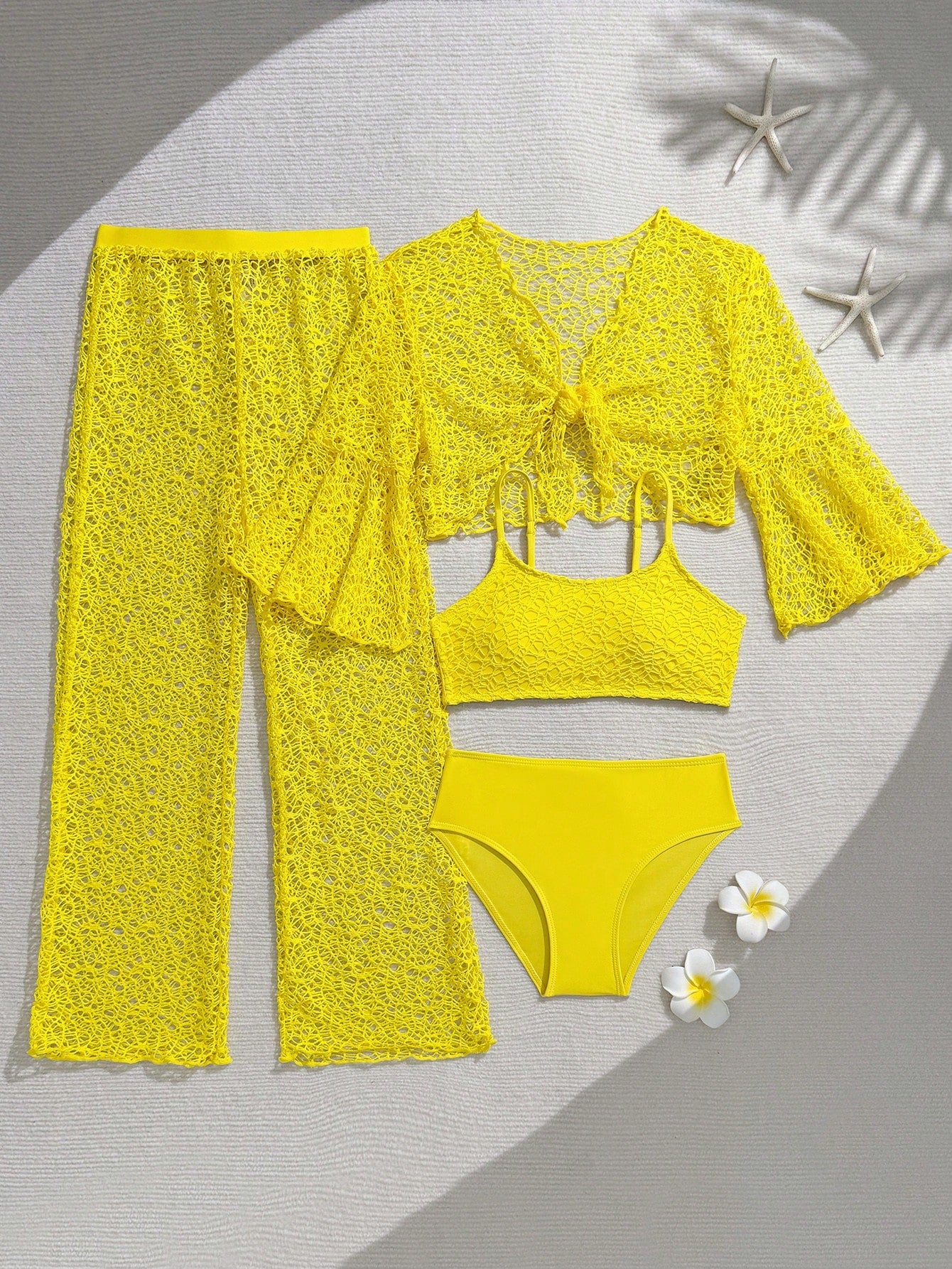 Tween girls beige bikini set with long sleeve round neck top, hollow-out asymmetrical details, mid-waist bottoms, and cover up for beach or vacation swimwear