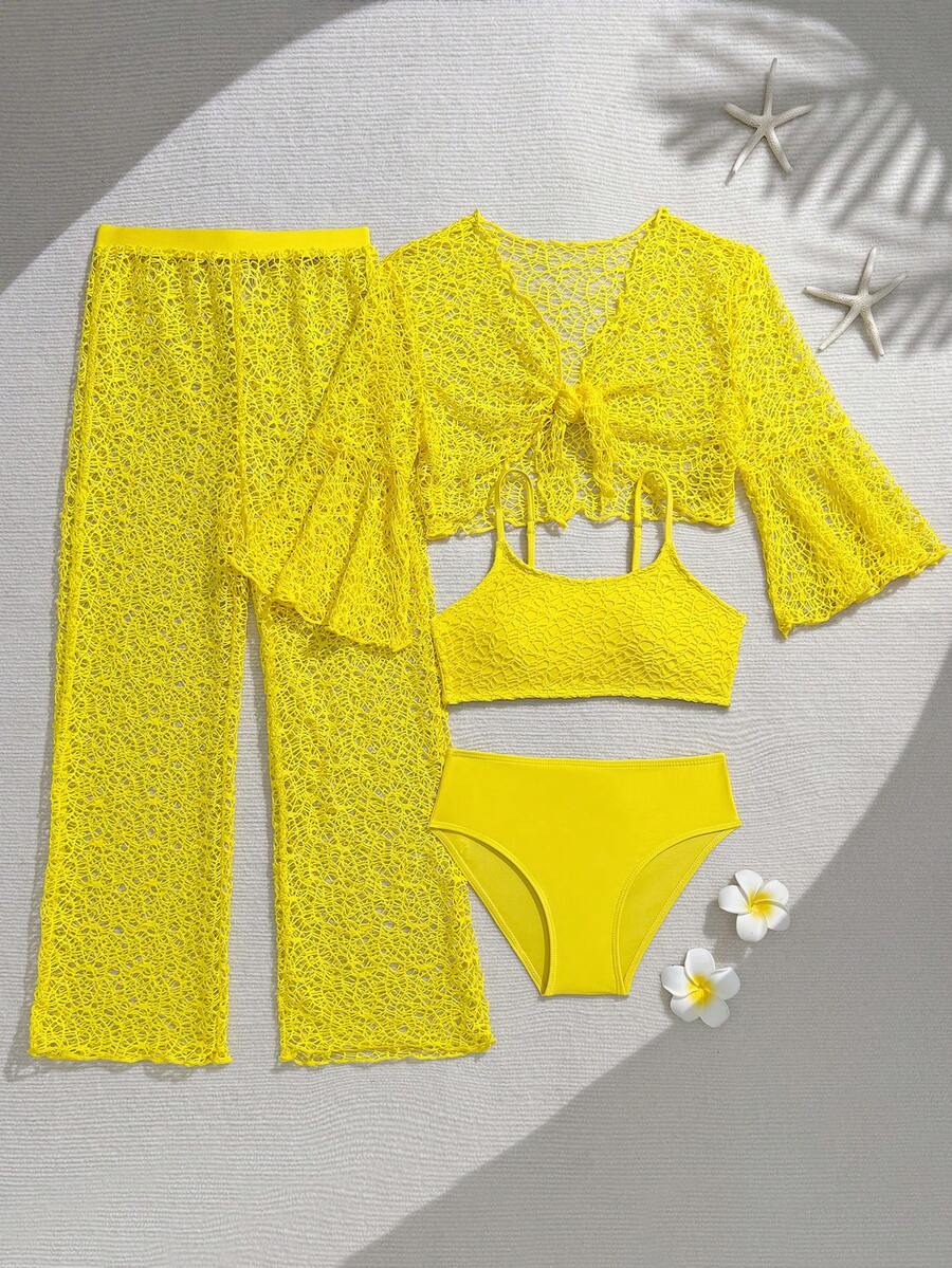 Tween girls beige bikini set with long sleeve round neck top, hollow-out asymmetrical details, mid-waist bottoms, and cover up for beach or vacation swimwear