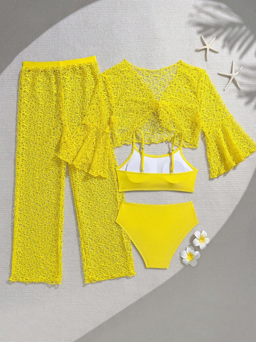 Tween girls beige bikini set with long sleeve round neck top, hollow-out asymmetrical details, mid-waist bottoms, and cover up for beach or vacation swimwear