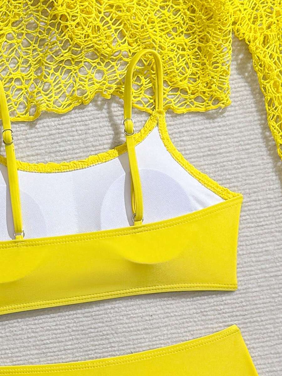 Tween girls beige bikini set with long sleeve round neck top, hollow-out asymmetrical details, mid-waist bottoms, and cover up for beach or vacation swimwear