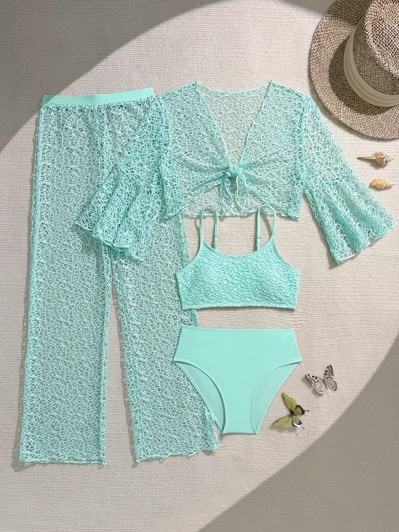 Tween girls beige bikini set with long sleeve round neck top, hollow-out asymmetrical details, mid-waist bottoms, and cover up for beach or vacation swimwear