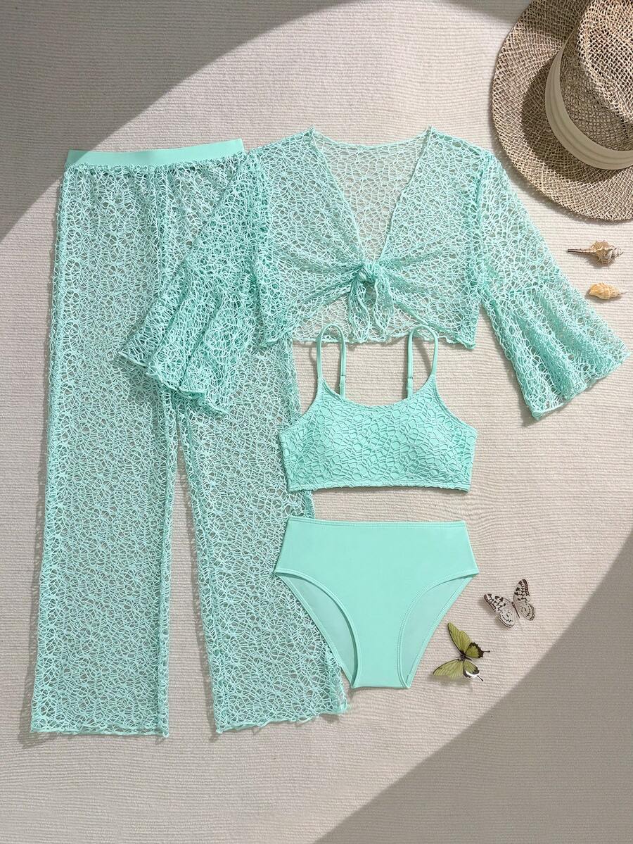 Tween girls beige bikini set with long sleeve round neck top, hollow-out asymmetrical details, mid-waist bottoms, and cover up for beach or vacation swimwear