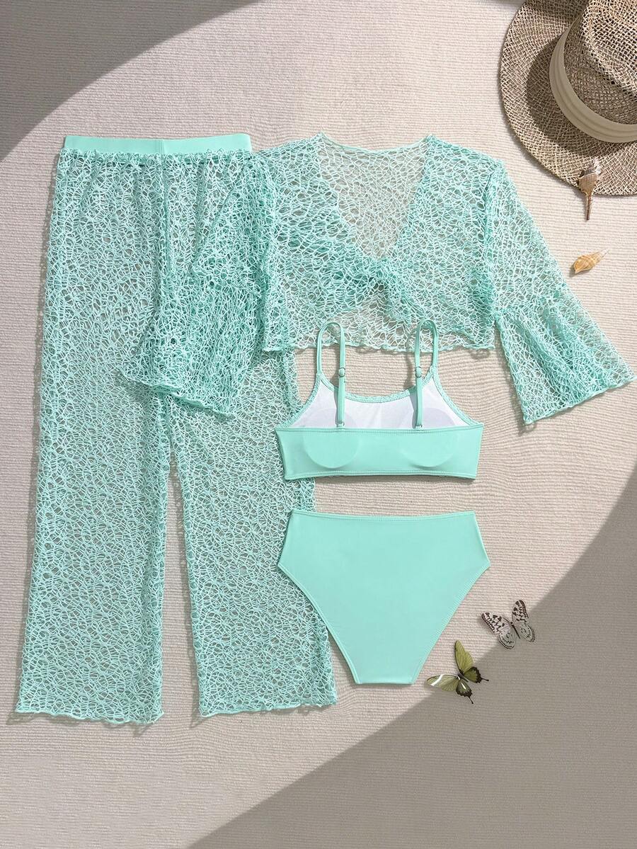 Tween girls beige bikini set with long sleeve round neck top, hollow-out asymmetrical details, mid-waist bottoms, and cover up for beach or vacation swimwear