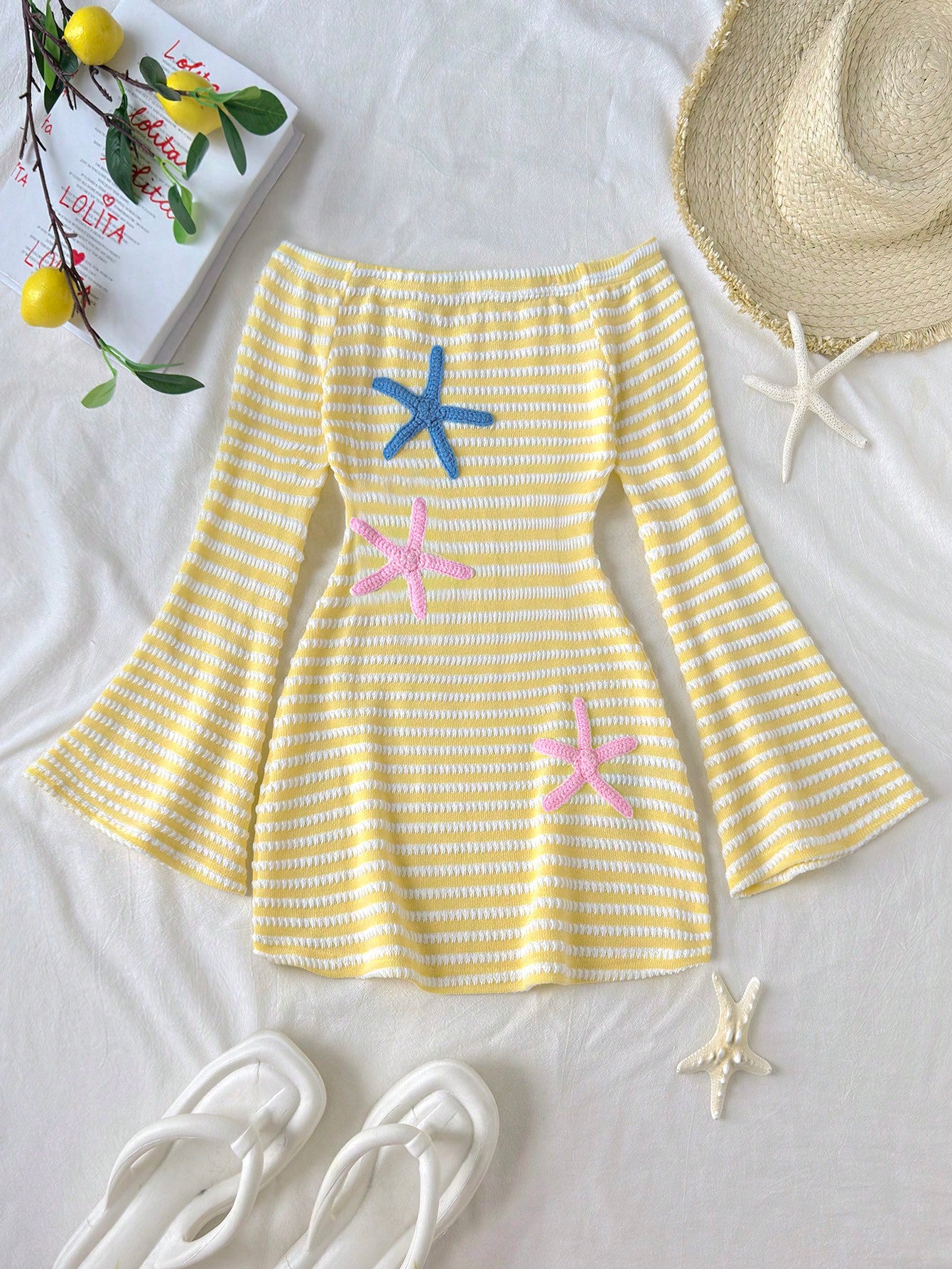Tween girls off-the-shoulder beach cover-up dress with long sleeves, geometric pattern, and long length, made from 100% polyester fabric for casual swimwear layering.