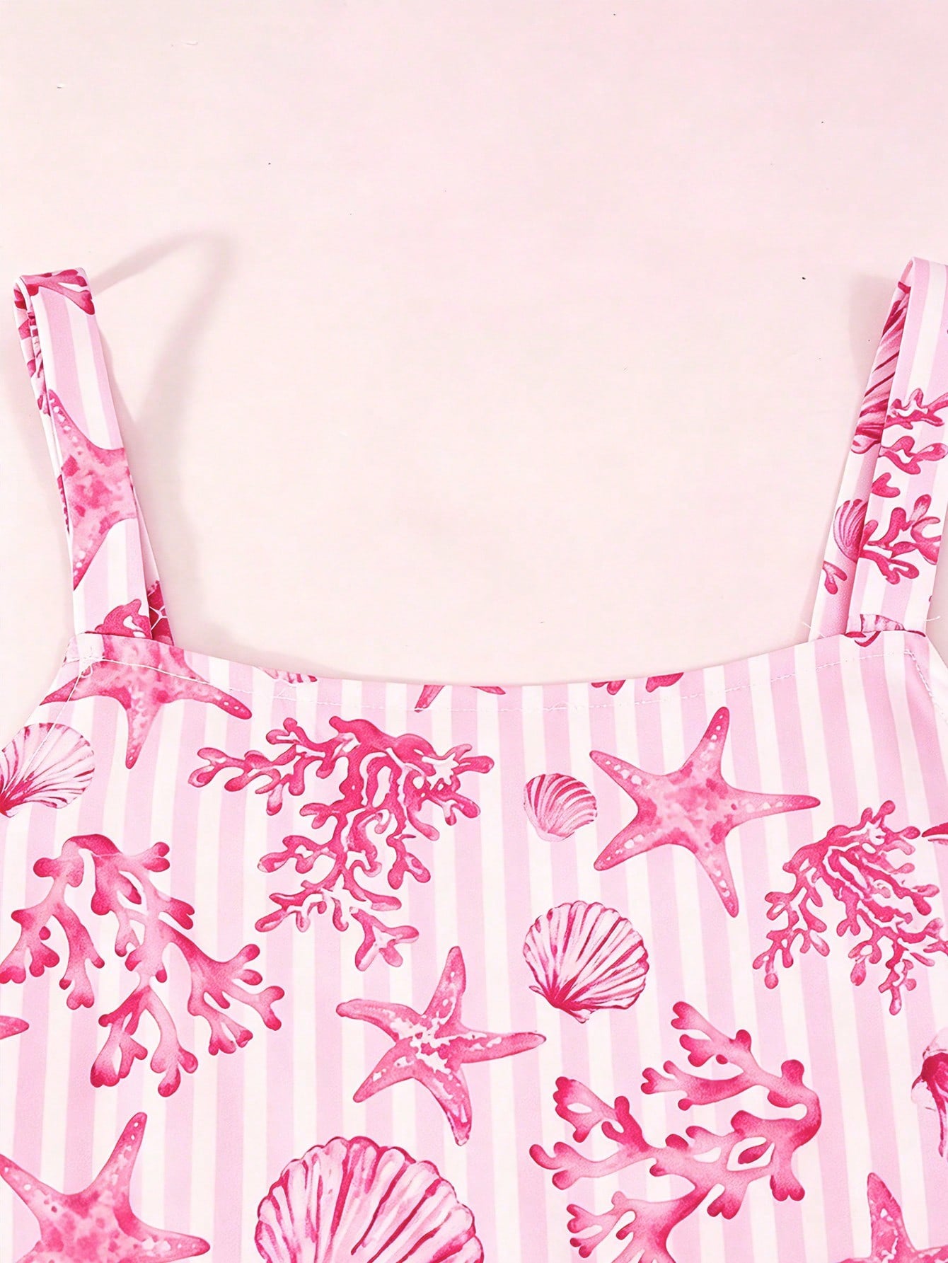 Girls spaghetti strap A-line midi dress with floral and marine-inspired vacation print, lace trim, high waist, and flared hem