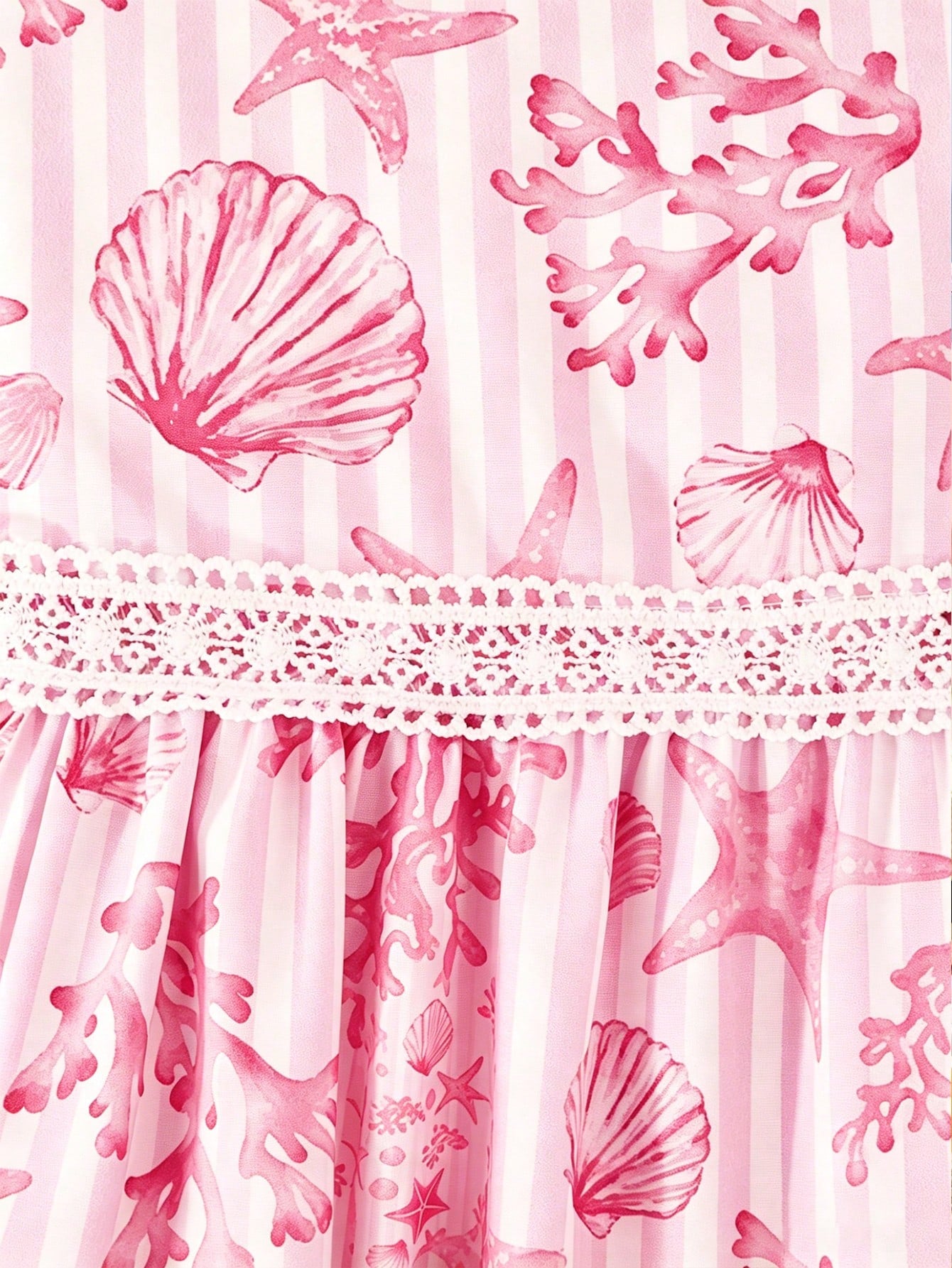 Girls spaghetti strap A-line midi dress with floral and marine-inspired vacation print, lace trim, high waist, and flared hem