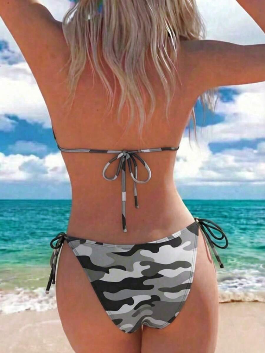 Women's high waist camouflage bikini set featuring a halter top with triangle wireless cups and backless design.