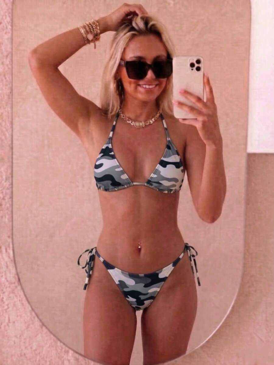 Women's high waist camouflage bikini set featuring a halter top with triangle wireless cups and backless design.
