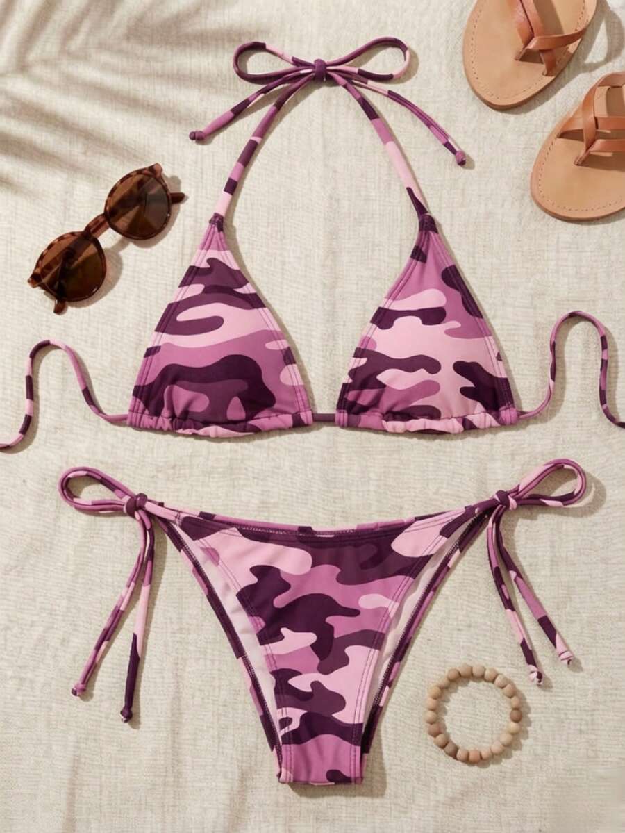 Women's high waist camouflage bikini set featuring a halter top with triangle wireless cups and backless design.