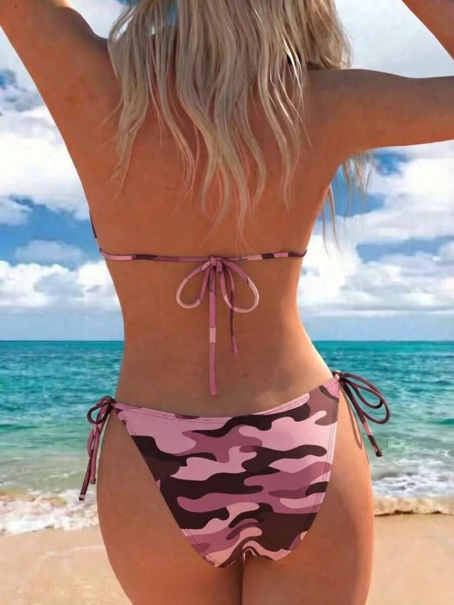 Women's high waist camouflage bikini set featuring a halter top with triangle wireless cups and backless design.