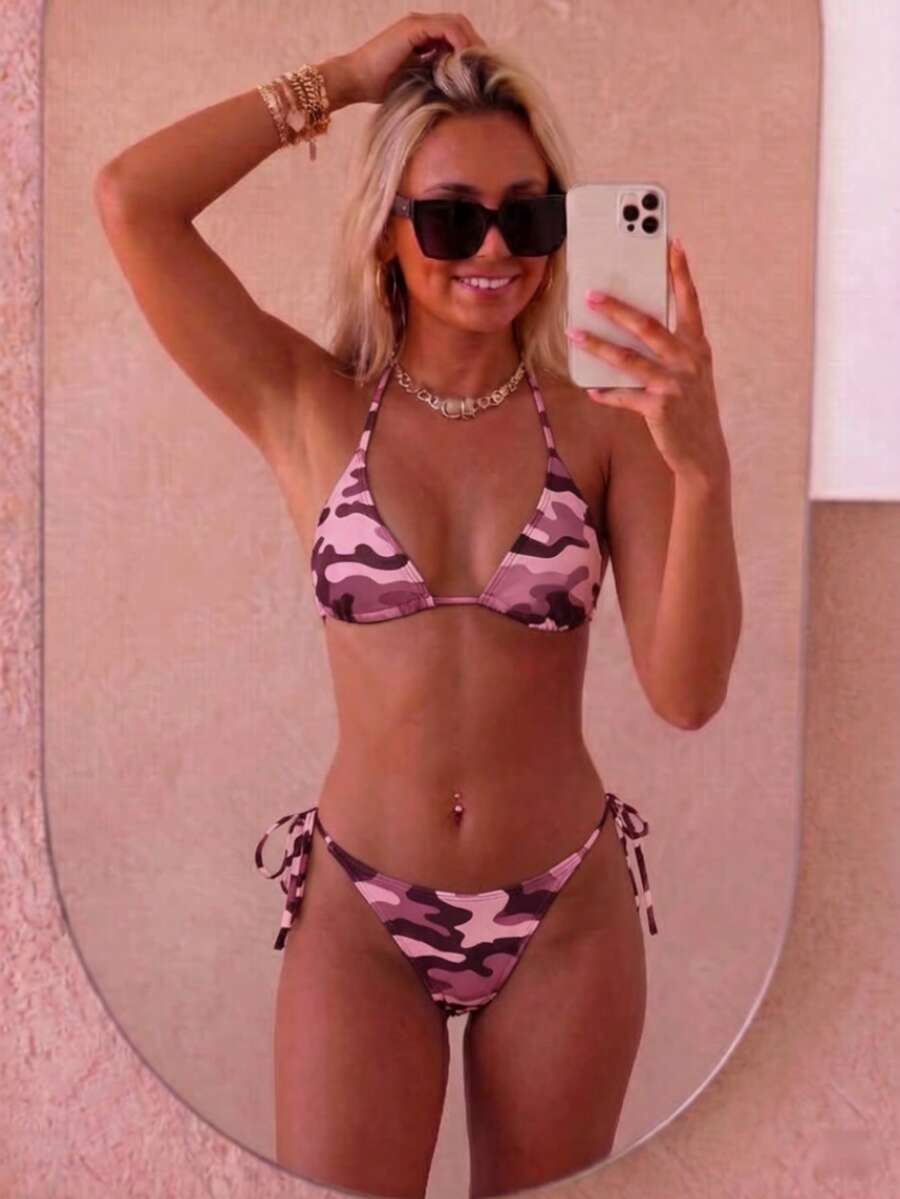Women's high waist camouflage bikini set featuring a halter top with triangle wireless cups and backless design.