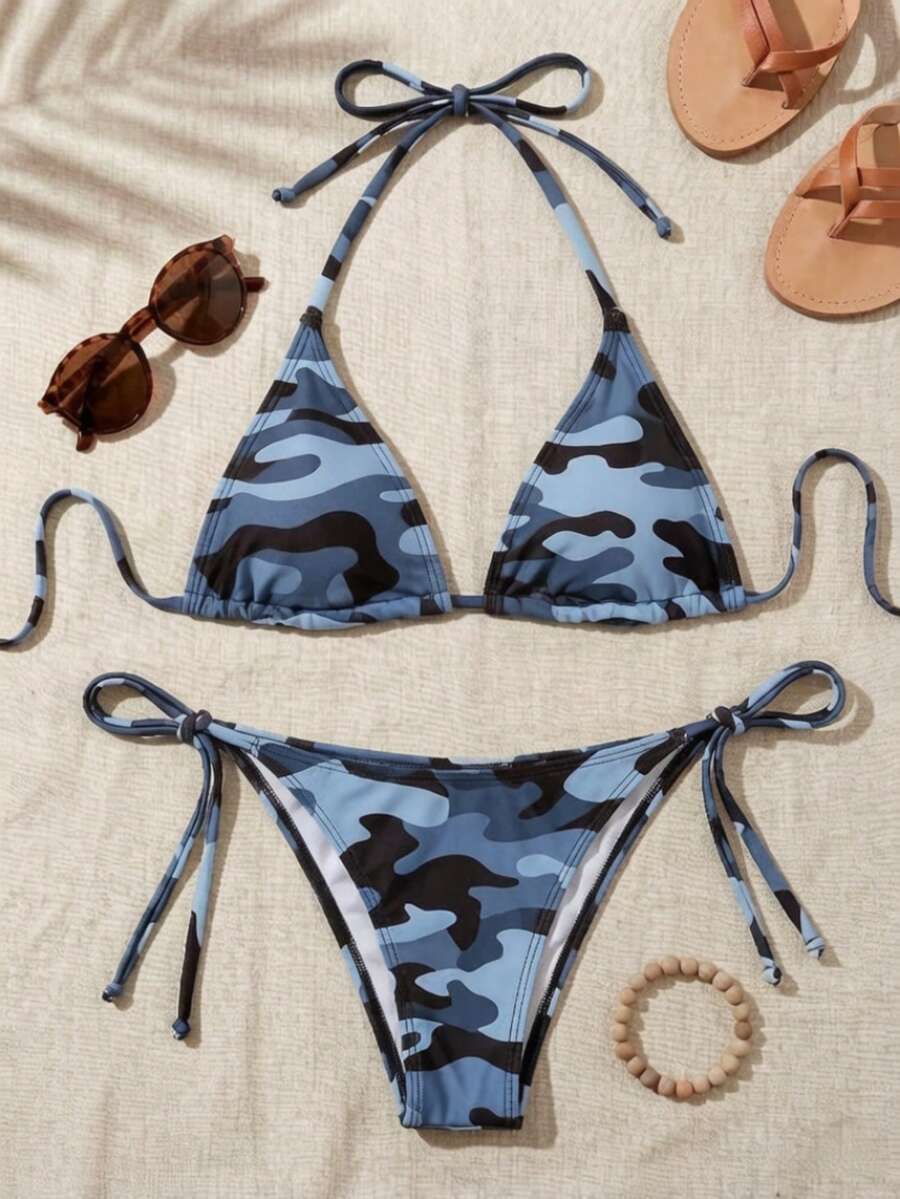 Women's high waist camouflage bikini set featuring a halter top with triangle wireless cups and backless design.