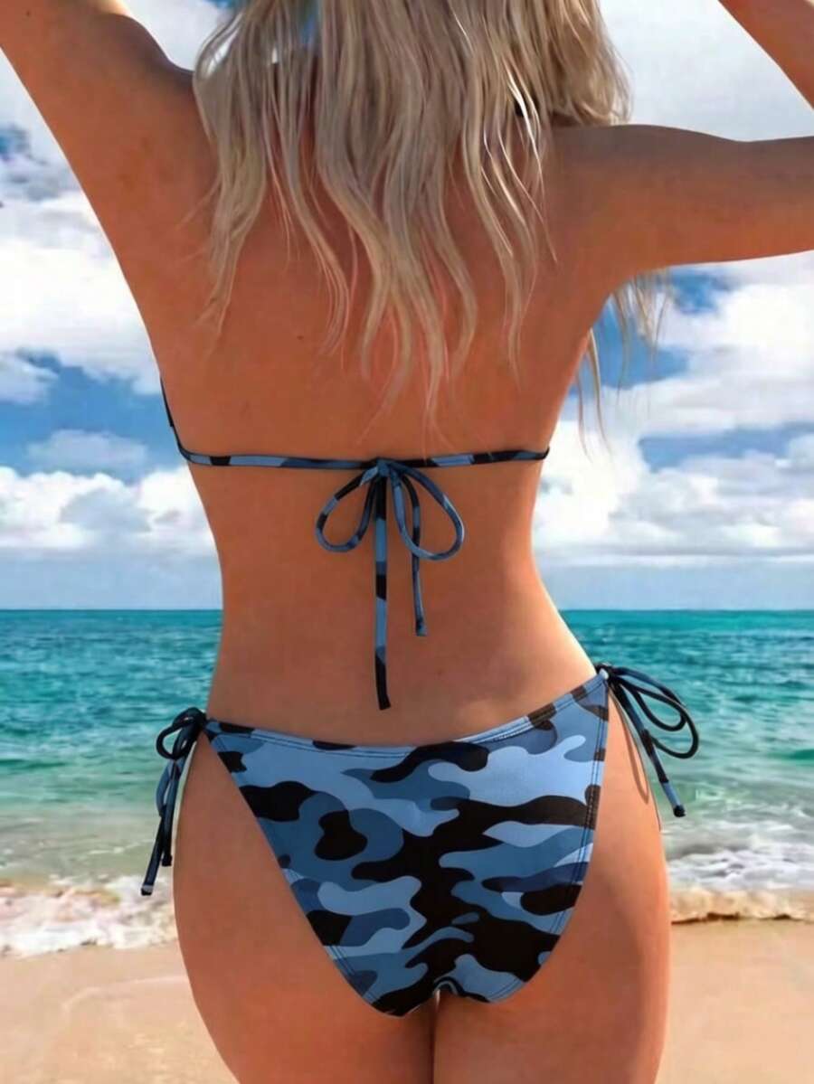 Women's high waist camouflage bikini set featuring a halter top with triangle wireless cups and backless design.
