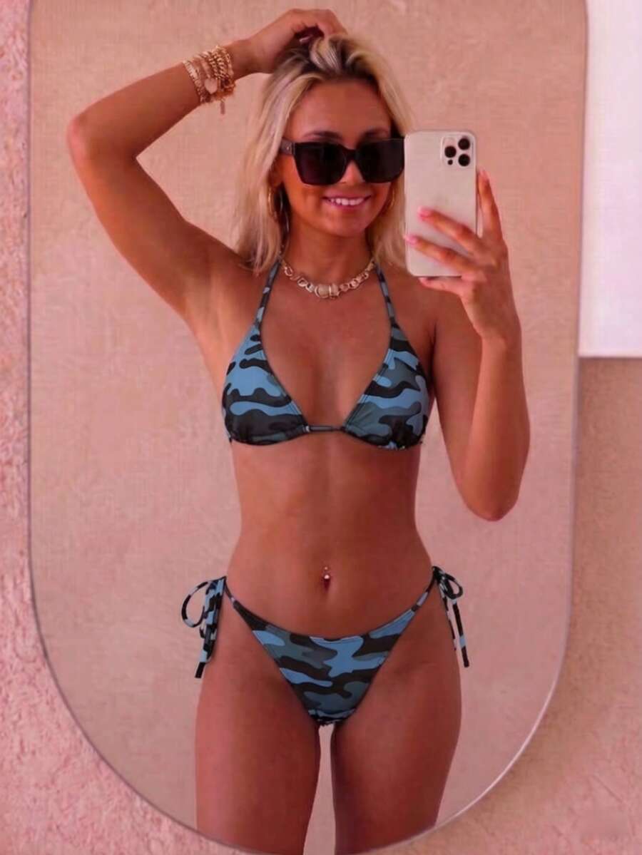 Women's high waist camouflage bikini set featuring a halter top with triangle wireless cups and backless design.