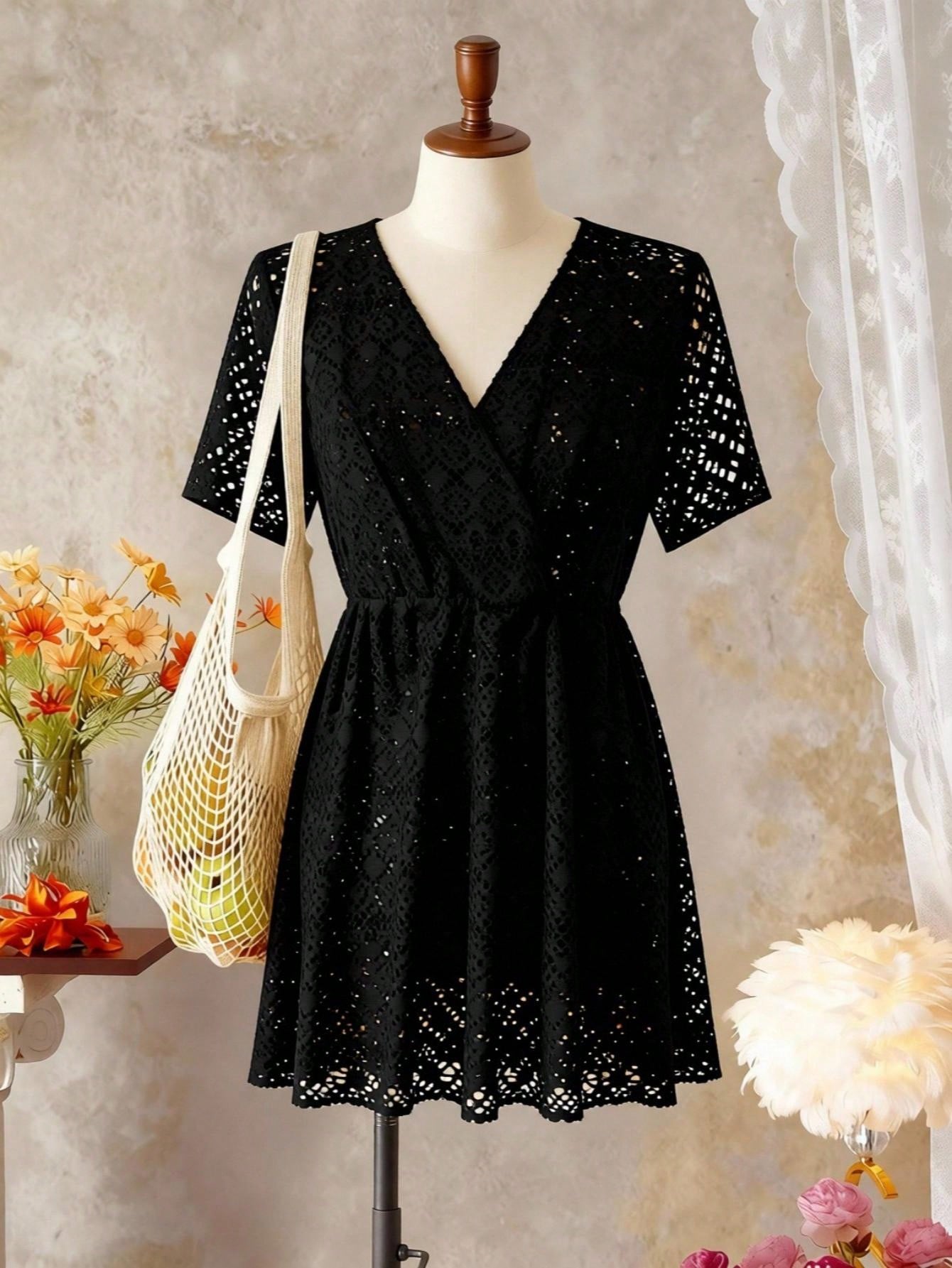 Girls long black beach cover-up dress with V-neck, short sleeves, sheer polyester fabric, contrast sequin detail, and zipper