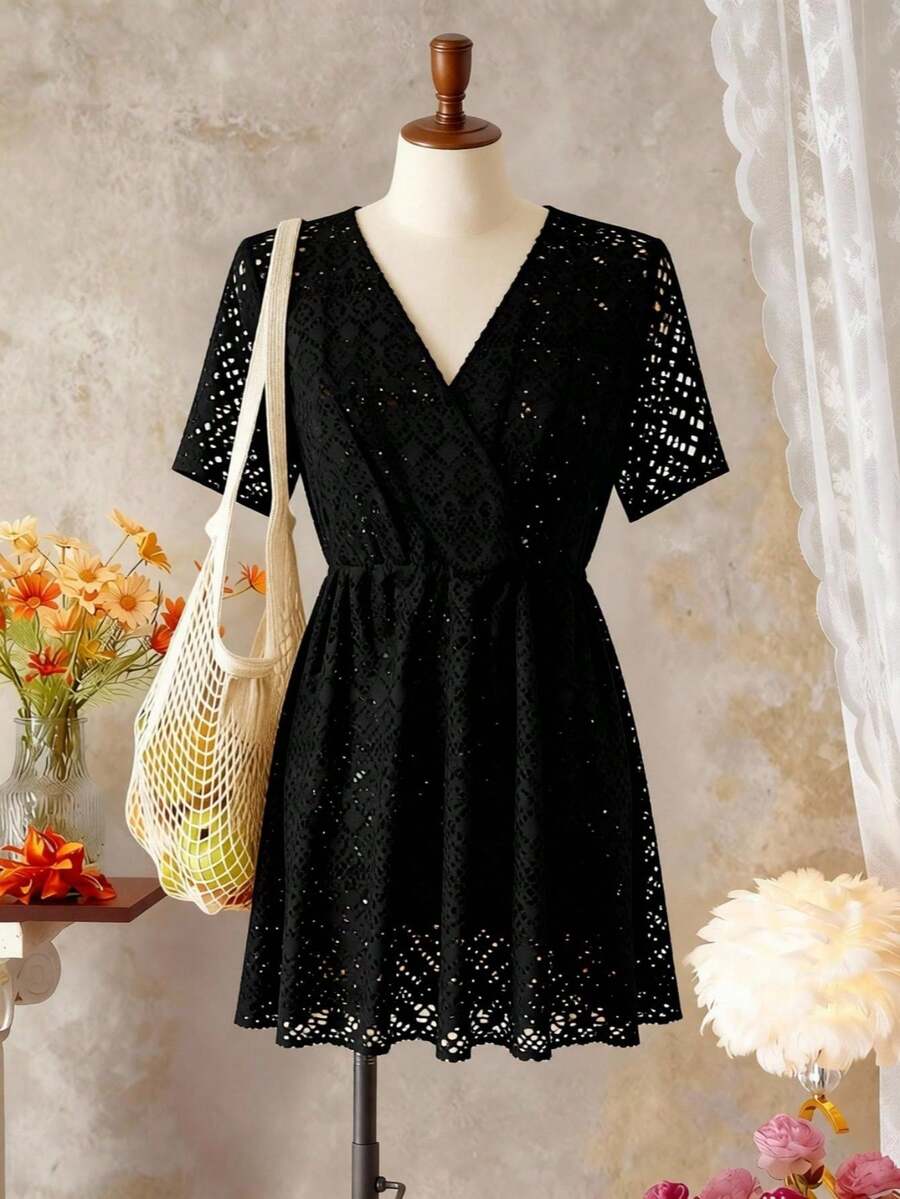 Girls long black beach cover-up dress with V-neck, short sleeves, sheer polyester fabric, contrast sequin detail, and zipper