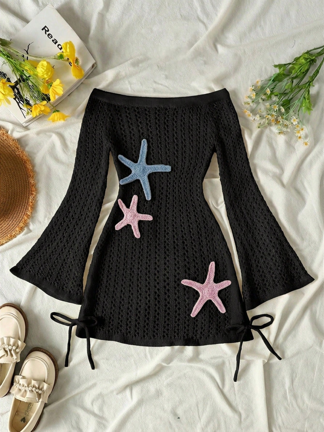 Tween girls off-the-shoulder beach cover-up dress with long sleeves, geometric pattern, and long length, made from 100% polyester fabric for casual swimwear layering.