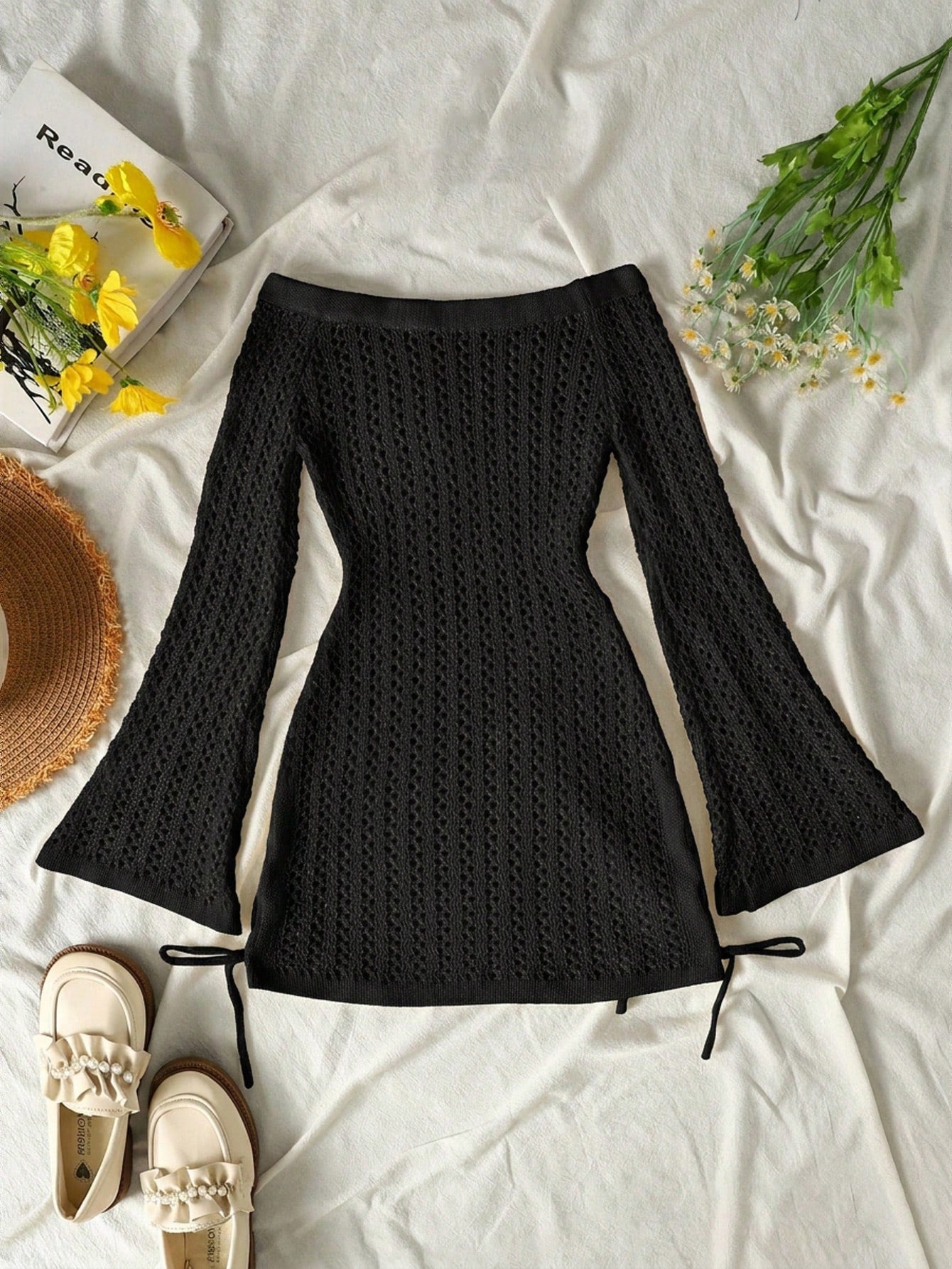 Tween girls off-the-shoulder beach cover-up dress with long sleeves, geometric pattern, and long length, made from 100% polyester fabric for casual swimwear layering.
