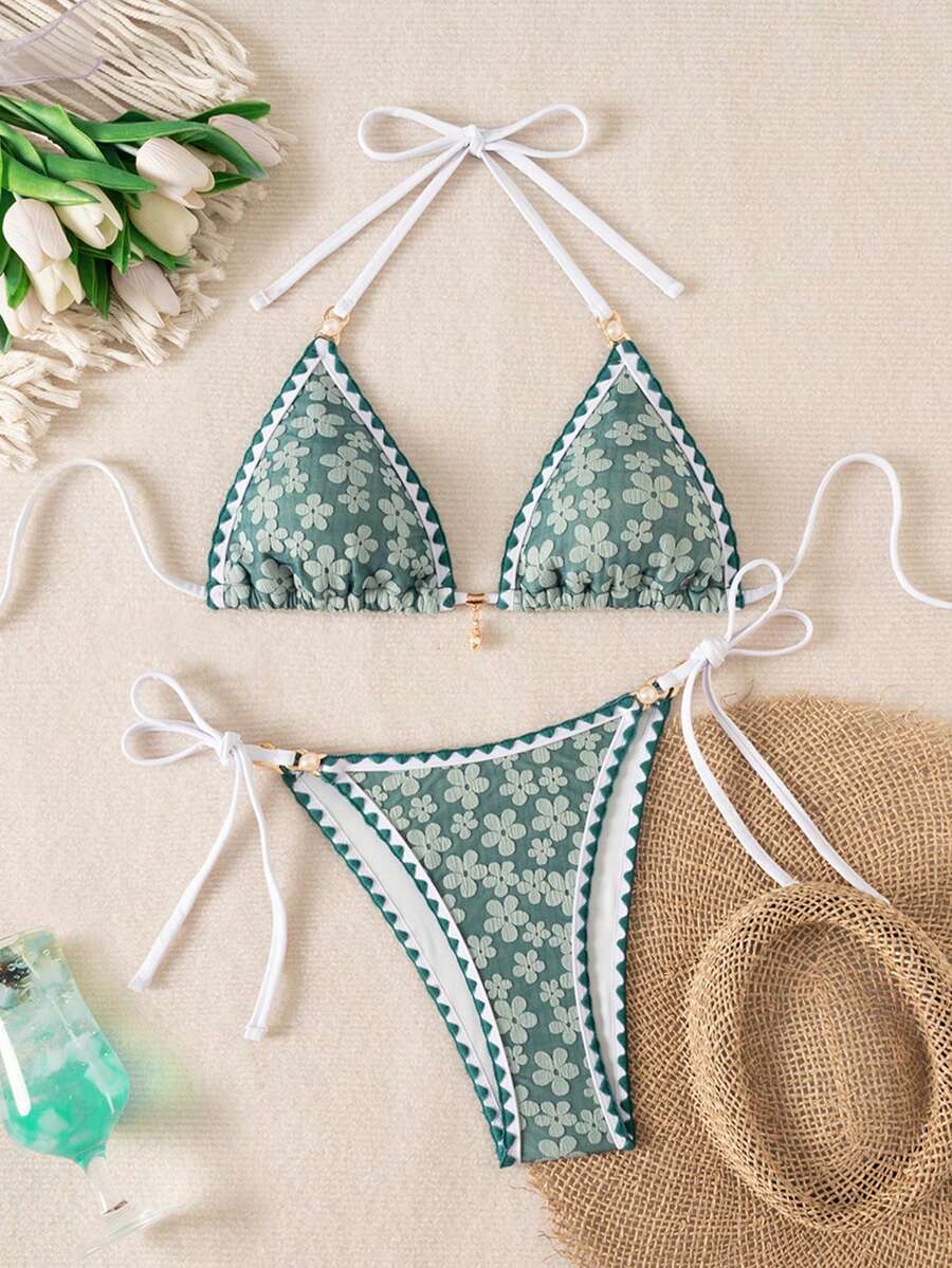 Women's triangle bikini set with contrast lace wireless bra top and ultra high waist tie side bottoms.
