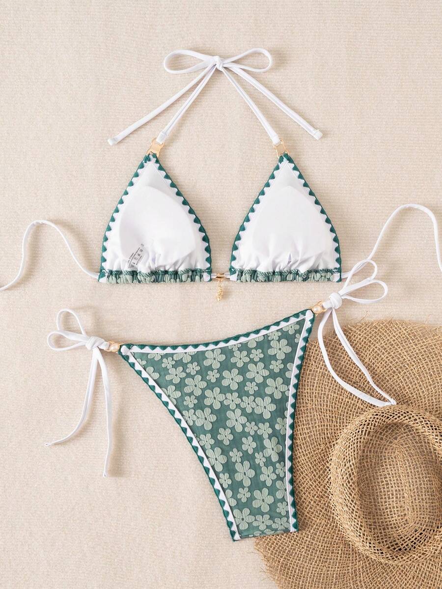 Women's triangle bikini set with contrast lace wireless bra top and ultra high waist tie side bottoms.