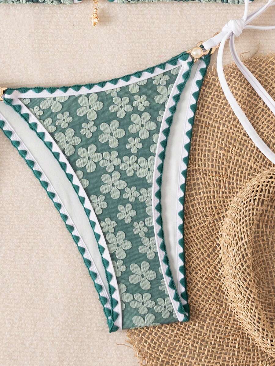 Women's triangle bikini set with contrast lace wireless bra top and ultra high waist tie side bottoms.