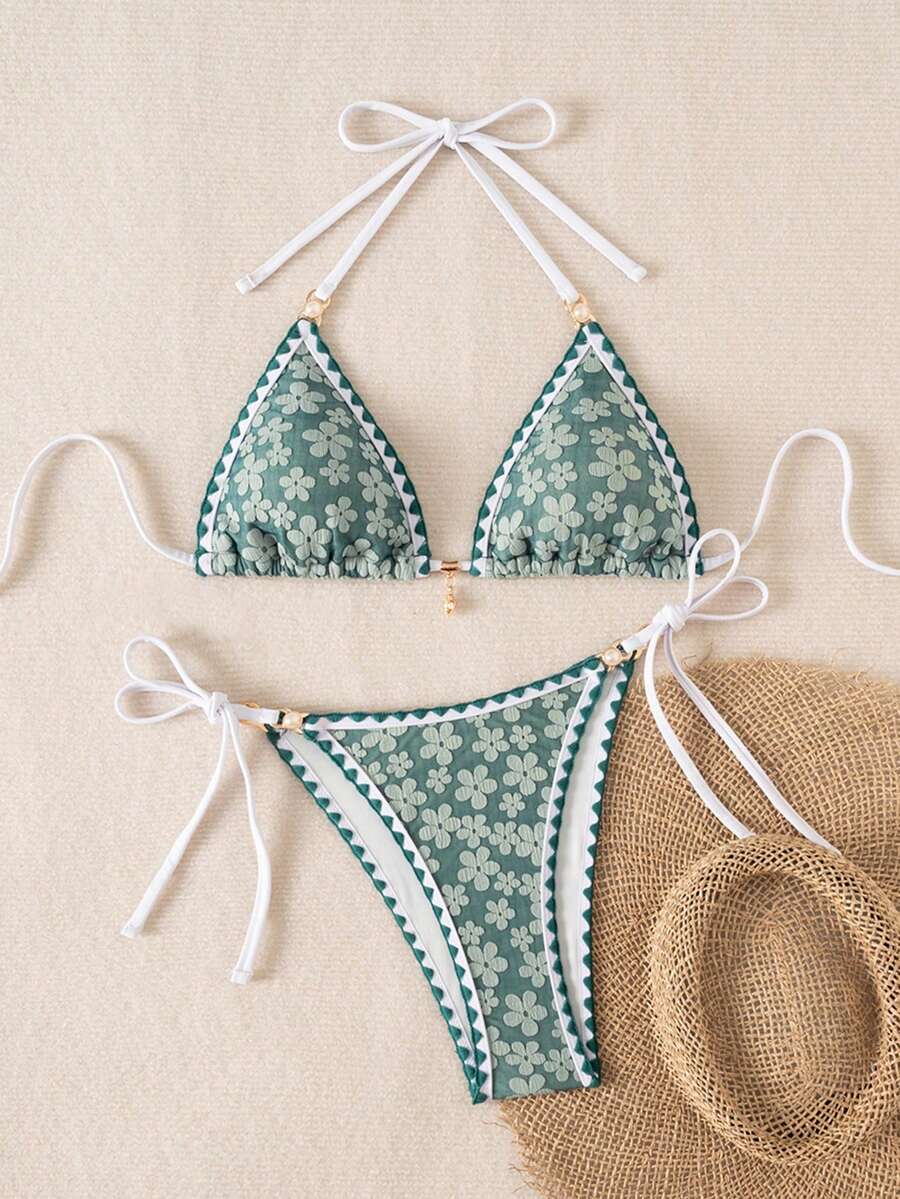 Women's triangle bikini set with contrast lace wireless bra top and ultra high waist tie side bottoms.