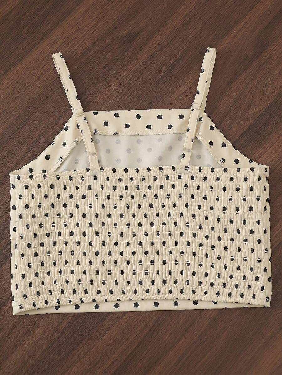 Tween girls casual 2-piece set featuring an apricot woven camisole crop top with back shirring and matching high-waisted loose long pants.