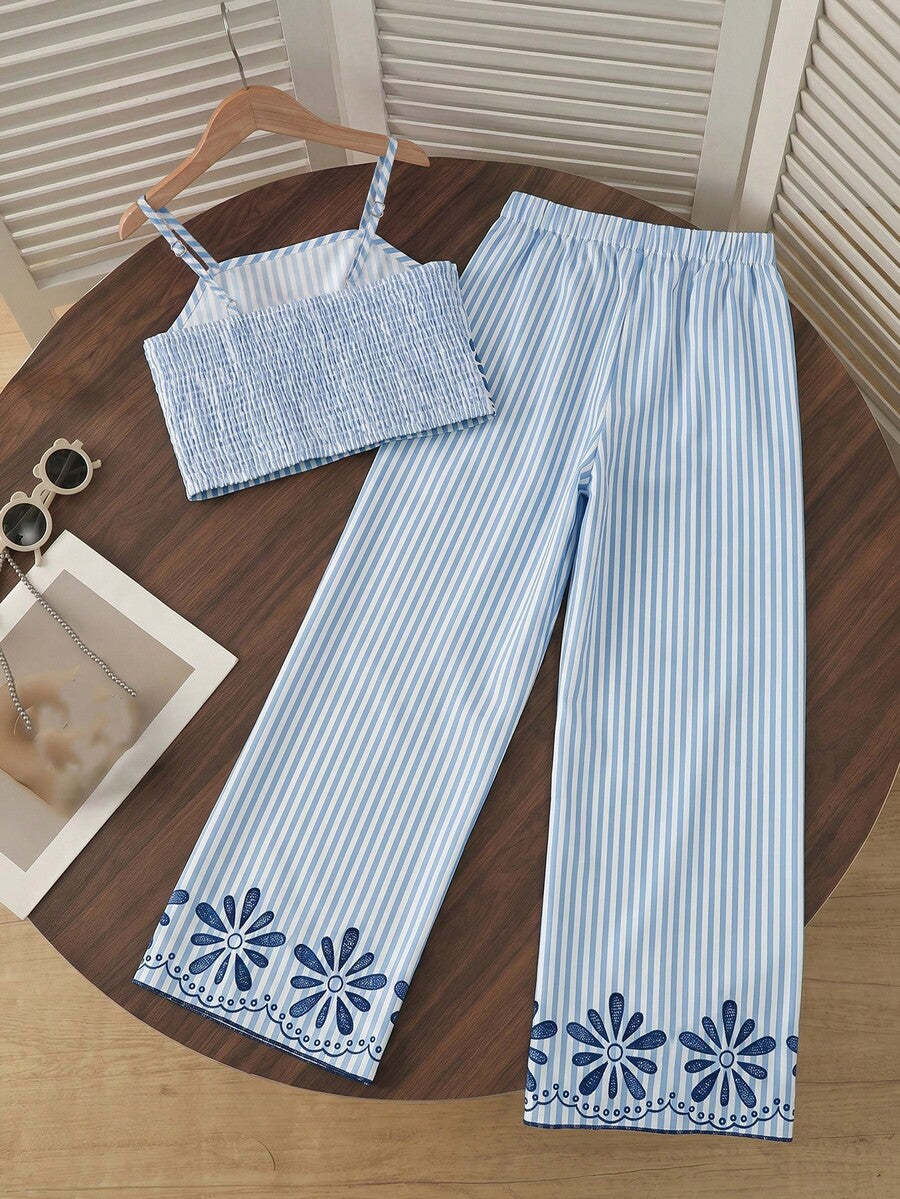 Tween girls casual 2-piece set featuring an apricot woven camisole crop top with back shirring and matching high-waisted loose long pants.