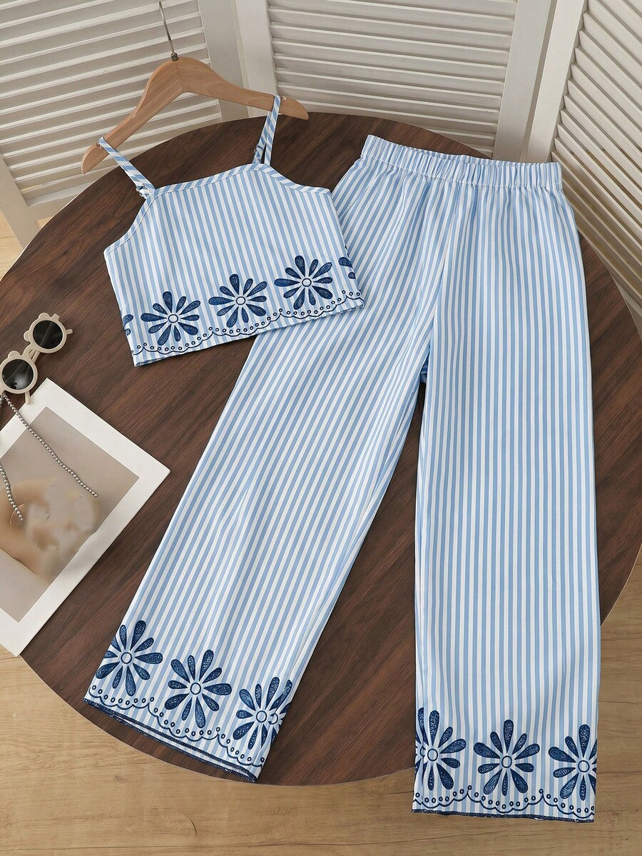 Tween girls casual 2-piece set featuring an apricot woven camisole crop top with back shirring and matching high-waisted loose long pants.