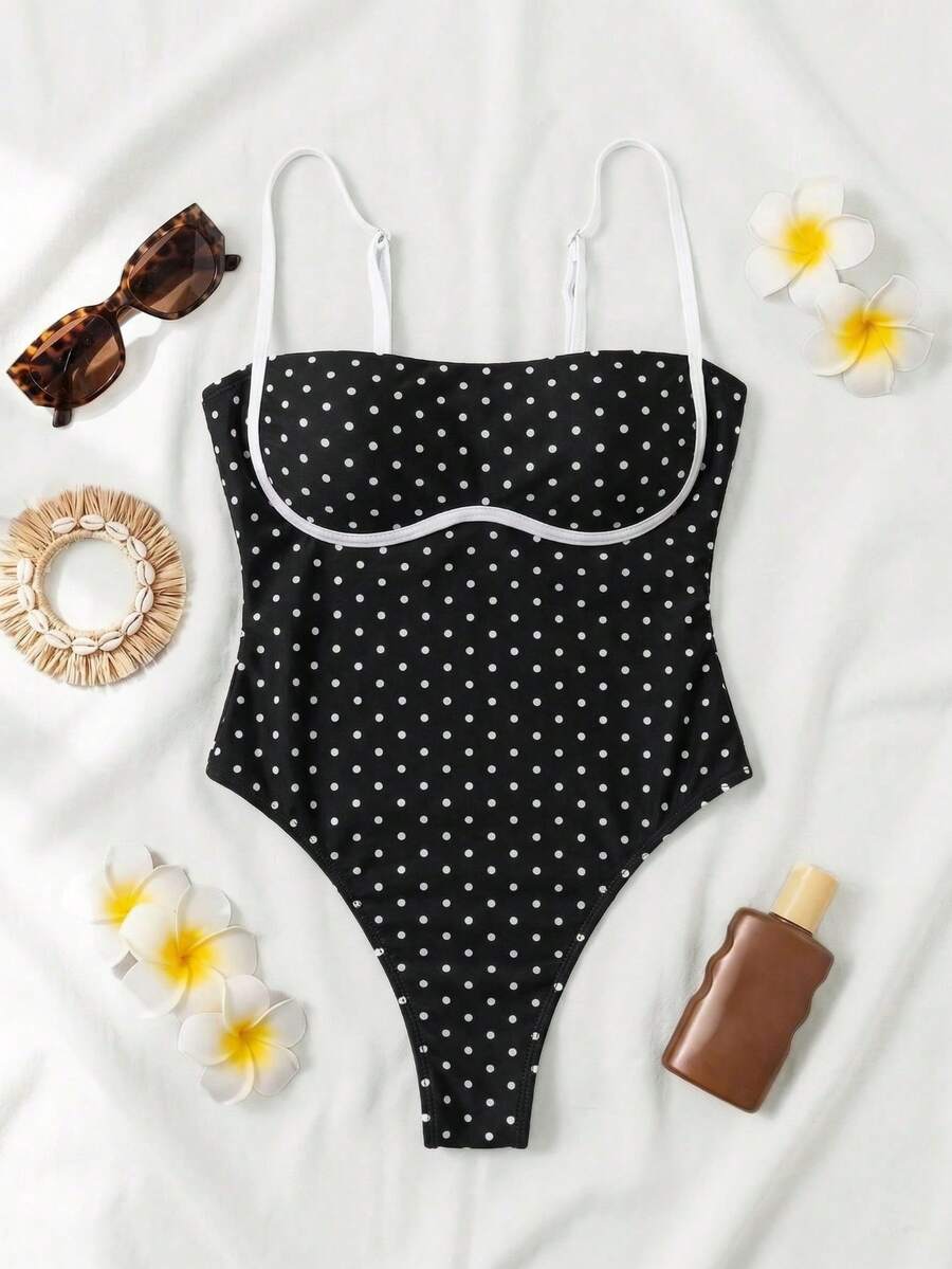 Black colorblock women's one-piece swimsuit with spaghetti straps and high stretch fabric.