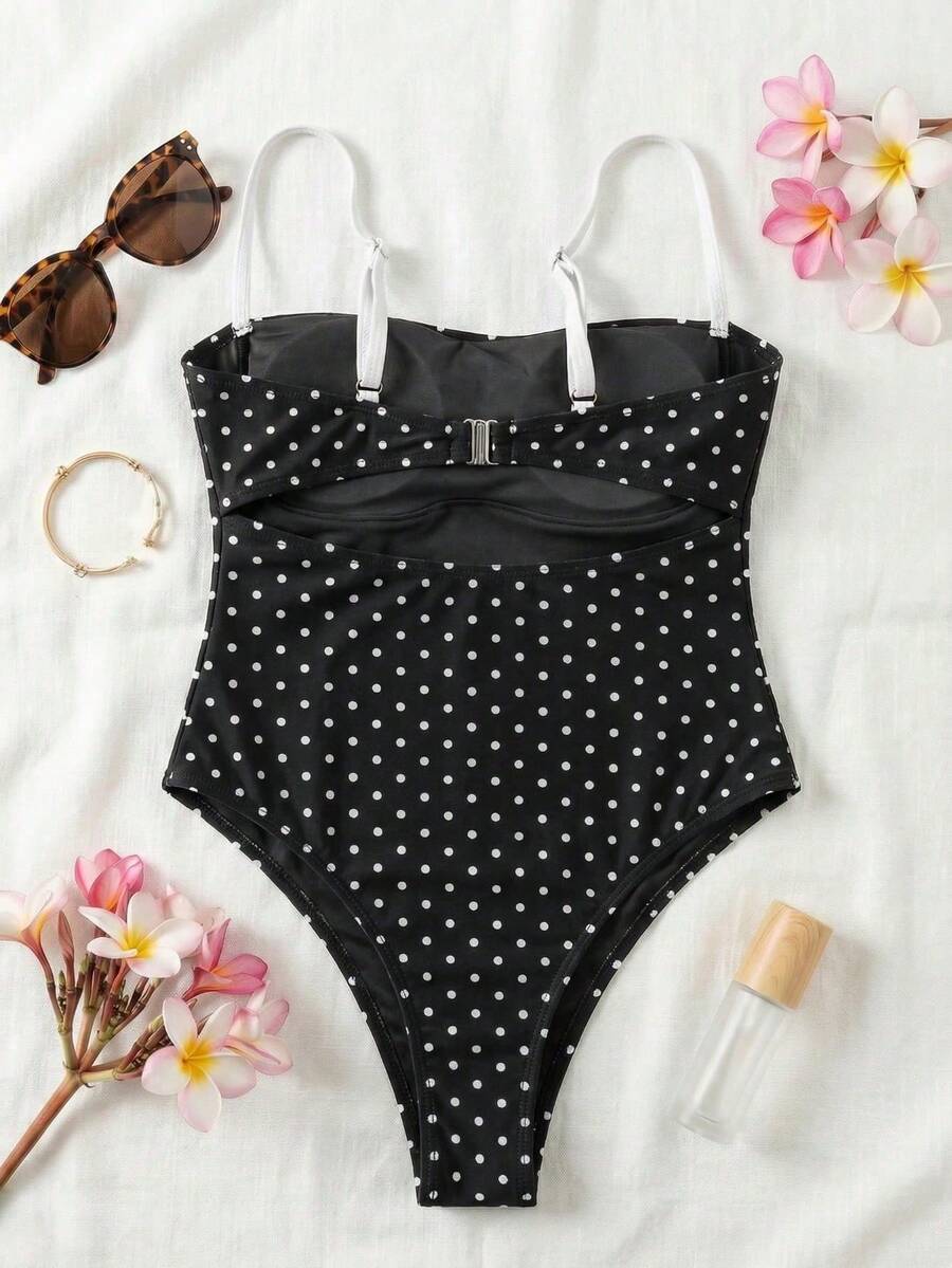 Black colorblock women's one-piece swimsuit with spaghetti straps and high stretch fabric.